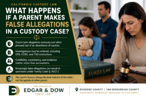 Edgar & Dow family law infographic discussing false allegations in California custody cases, featuring a distressed parent, child, and family court imagery with information about investigations, credibility, CPS referrals, CCRC, and Family Code section 3027.1.