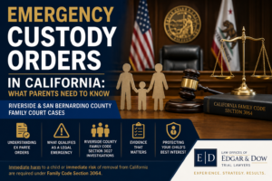 Edgar & Dow family law graphic discussing emergency custody orders in California, featuring a courtroom setting with a judge’s bench, gavel, scales of justice, family silhouette, and information about emergency custody proceedings in Riverside and San Bernardino County family courts.