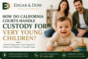 Edgar & Dow family law blog graphic discussing how California courts handle custody for very young children, featuring a smiling infant with parents in the background and branding for Riverside and San Bernardino County custody cases.