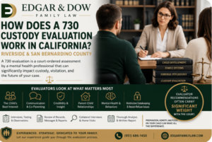 Edgar & Dow family law infographic explaining how a 730 custody evaluation works in California, featuring parents meeting with a custody evaluator and information about credibility, co-parenting, mental health, restrictive gatekeeping, and evaluator recommendations.