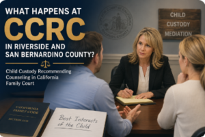 Edgar & Dow family law graphic explaining what happens at CCRC in Riverside and San Bernardino County, featuring parents meeting with a child custody recommending counselor in a California family court mediation setting.