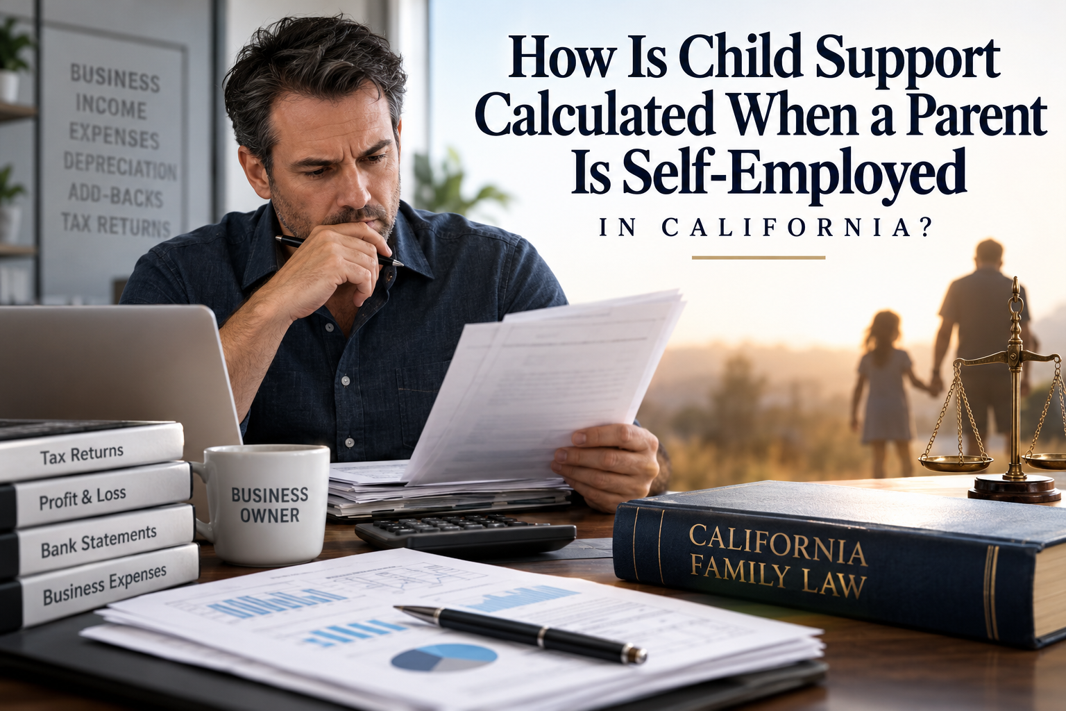 Self-employed California business owner reviewing tax returns, business expenses and financial records for a child support calculation.
