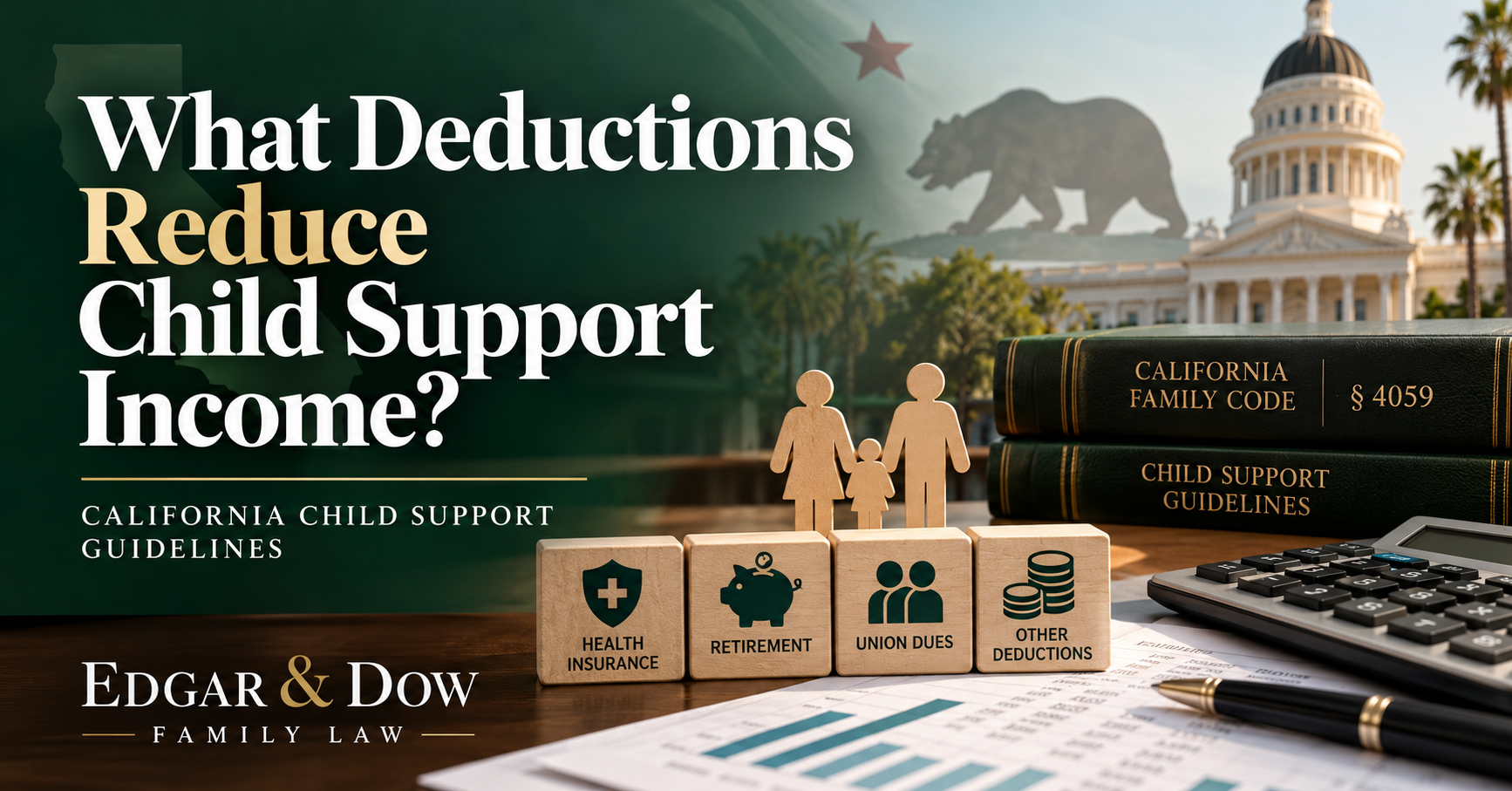 California child support income deductions infographic by Edgar & Dow showing health insurance, mandatory retirement, union dues and other deductions under Family Code section 4059.