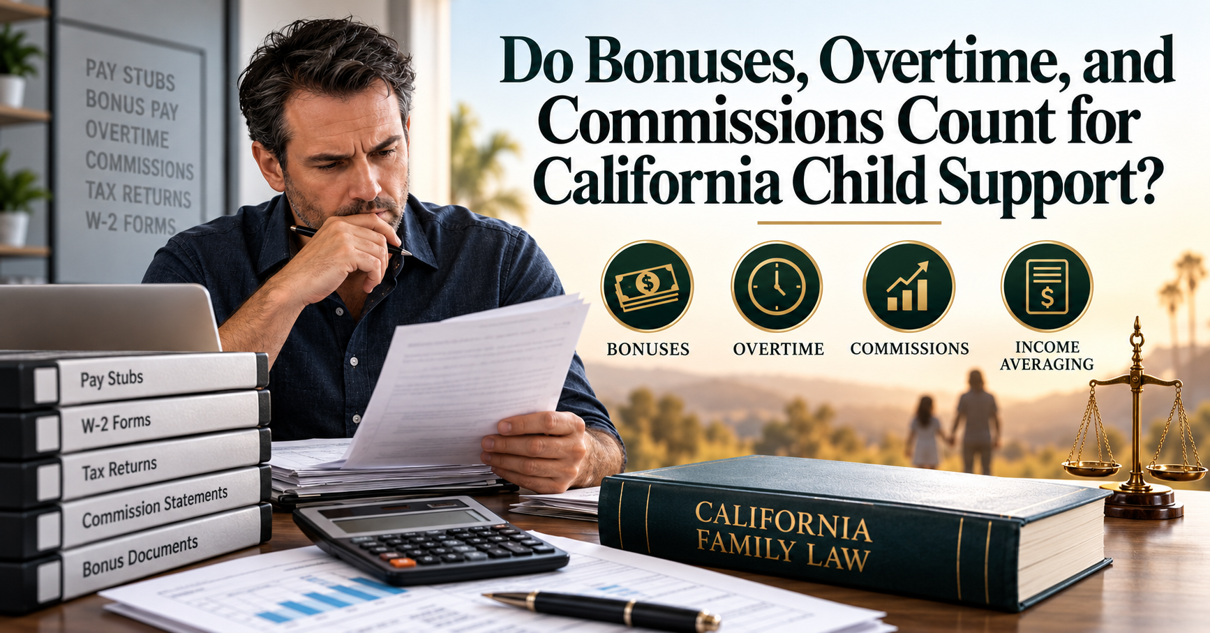 California child support bonuses, overtime and commissions illustrated by a parent reviewing pay stubs, W-2 forms and financial records.