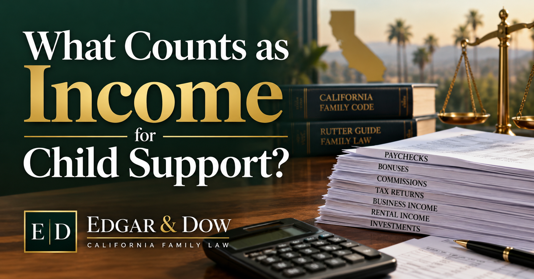 What counts as income for California child support? Edgar & Dow graphic showing paychecks, bonuses, commissions, tax returns, and business income.