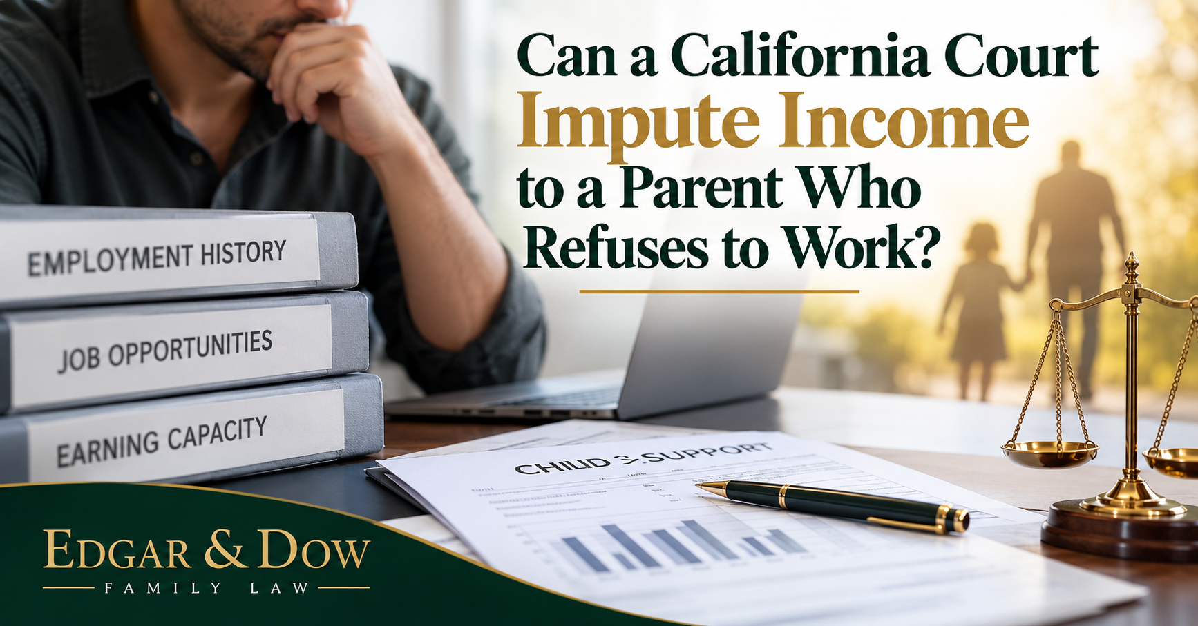 California child support imputed income illustration showing employment history, job opportunities, earning capacity, and legal documents.